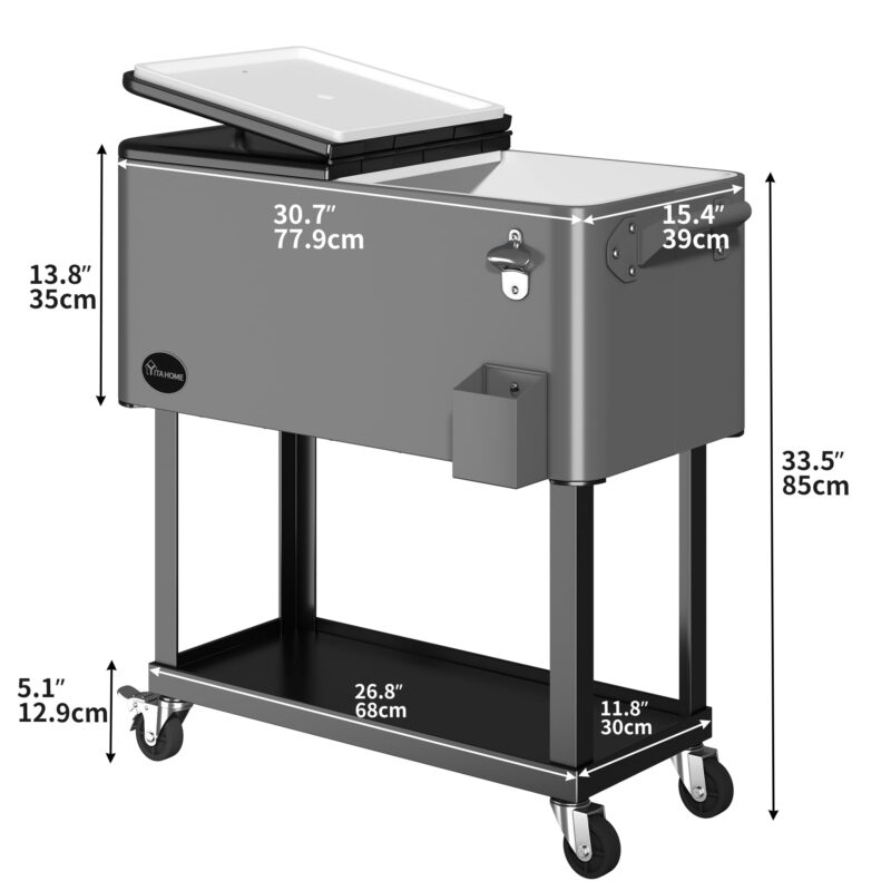 Dextrus 80 Quart Outdoor Rolling Cooler Cart with Bottle Opener Drainage, Portable Beverage Rolling Cart with Tray on Wheels, Silver - Image 3