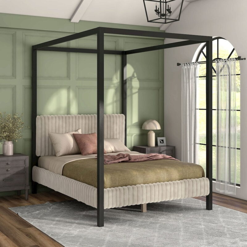 Furniture of America Elra Adult Queen Wood Mattress Ready Bed with Canopy Frame, Light Brown - Image 3