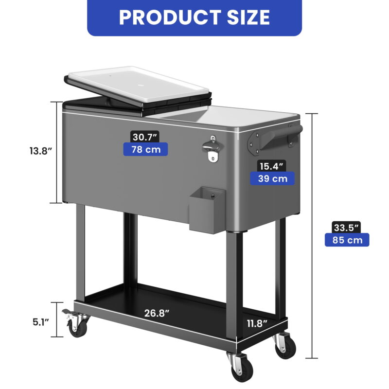 Uforic 80 Quart Rolling Ice Chest Cooler Cart,Outdoor Portable Beverage Cart, with Bottle Opener, Storage Shelf & Drain, Gray - Image 3