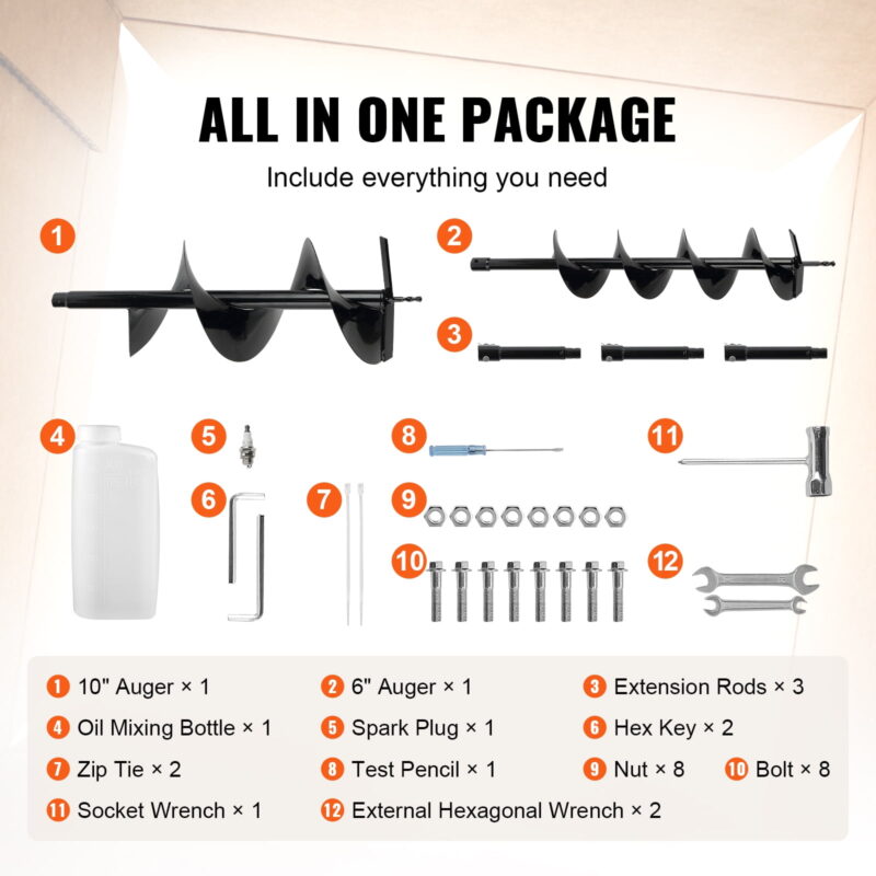KFFKFF Post Hole Digger 52cc Gas Powered Earth Digger 2 Auger Drill Bit 6" & 10" - Image 6