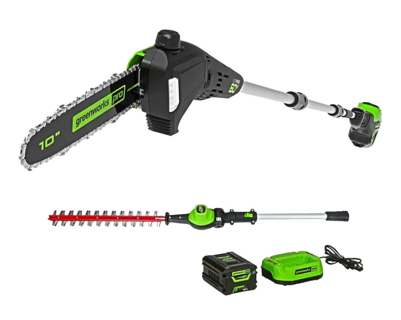 Greenworks 60V 10" Cordless Pole Saw & 20" Pole Hedge Trimmer Combo Kit + 2.0 Ah Battery & Charger - Image 2