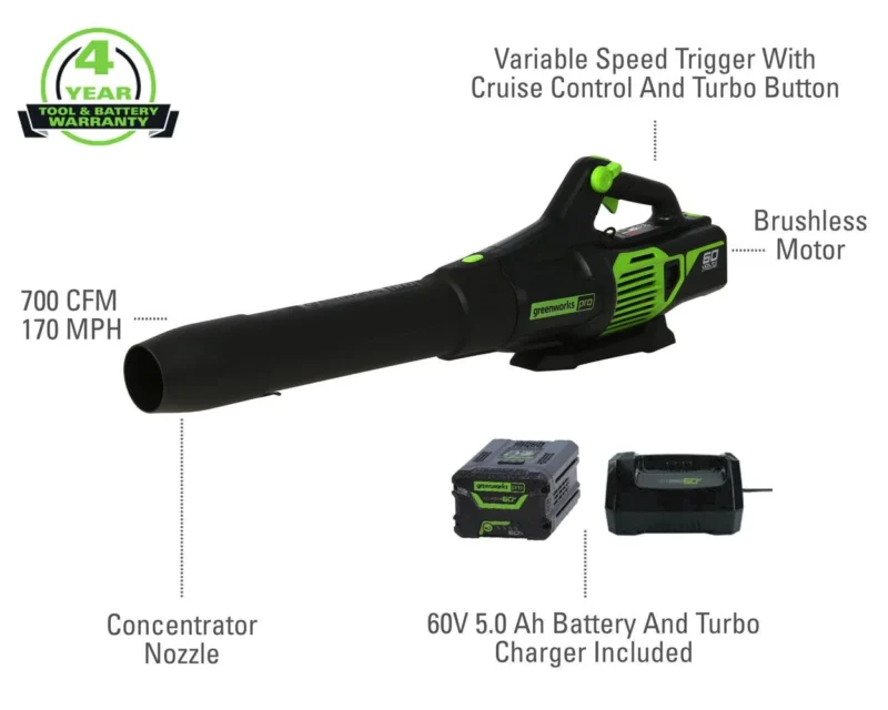 Greenworks 60V 700 CFM Cordless Battery Leaf Blower + 5.0Ah Battery & Charger 2419502 - Image 2