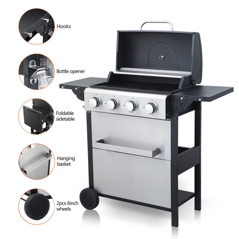 Hommoo 4-Burner Propane Gas BBQ Grill, BBQ Grill with Foldable Side Table and Wire Enamel Cooking Grids, for Outdoor Barbecue - Image 3