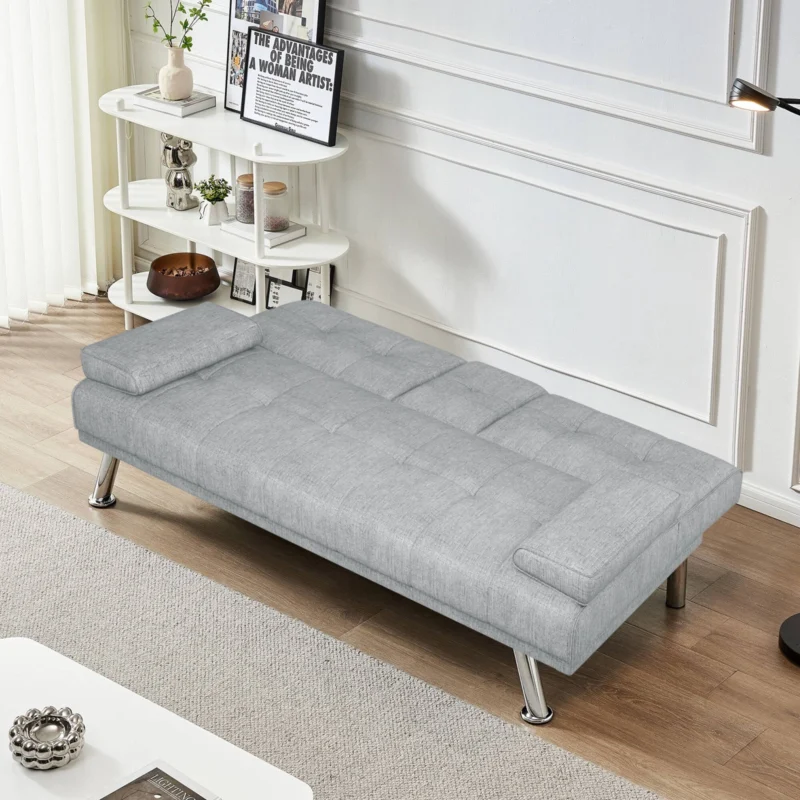 Sofa Bed with Cup Holder Convertible Futon Couches Adjustable Backrest Modern Linen Furniture Upholstery for Living Room - Image 4