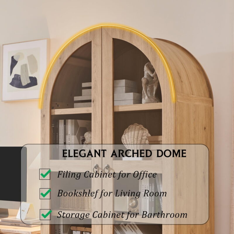 71" Tall Arched Bookshelf, 4-Tier Bookcase with Glass Doors and Shelves, Wooden Display Cabinet w/2 Large Storage Drawers - Image 4