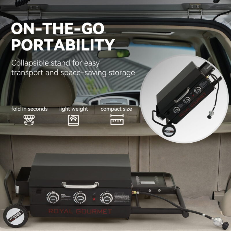 Royal Gourmet PD3001 23-Inch Portable 3-Burner Gas Griddle with Collapsible Stand, Portable Griddle with Side Shelf - Image 2