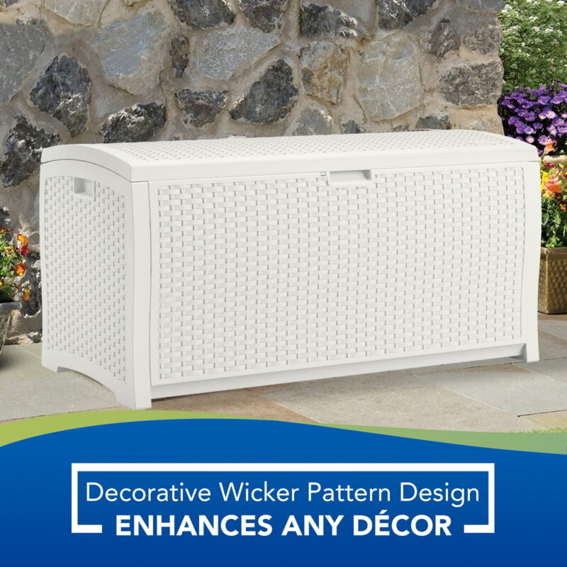Suncast 99-Gal. Weather-Resistant Resin Outdoor Deck Storage Box and Bench, White - Image 3