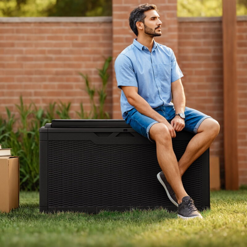 Vineego Classic Outdoor 100 Gallon Resin Deck Box with Cushions, Lockable Storage Container, Black - Image 7