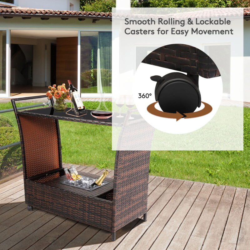 Gymax Rattan Patio Bar Cart Beverage Bar Counter Table w/ Wheels & Ice Bucket - Image 7