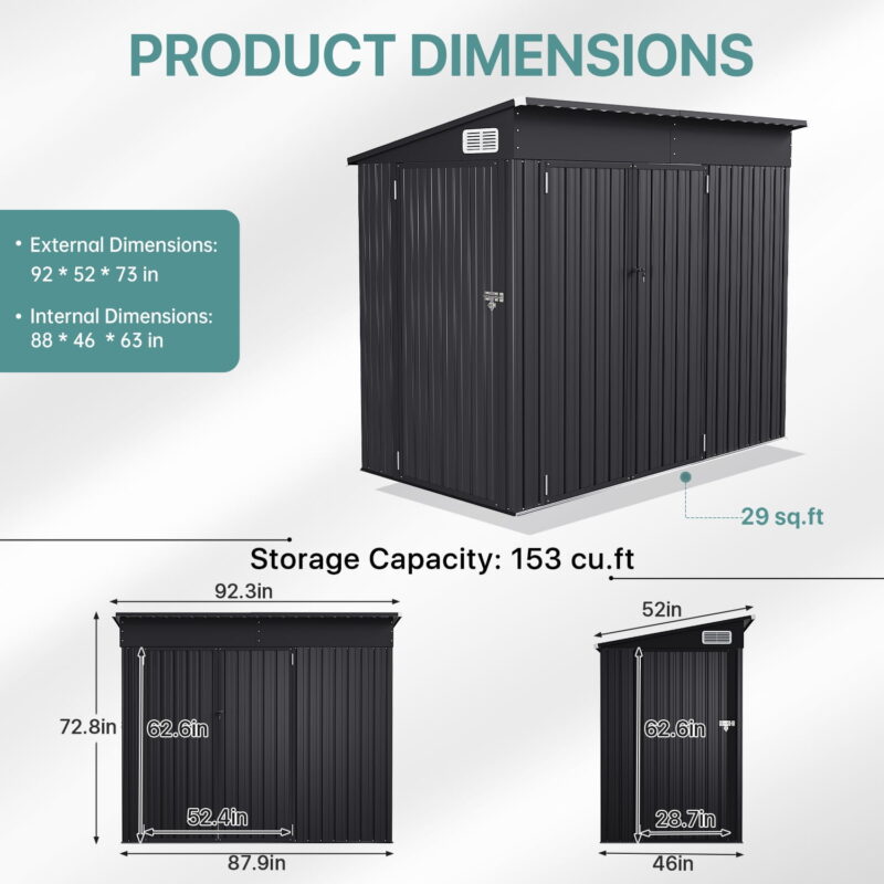 Bapipro 4' x 8' Metal Storage Shed,Outdoor Storage Shed with Triple Lockable Door Metal Storage Cabinet with Slopping Roof, Black - Image 3