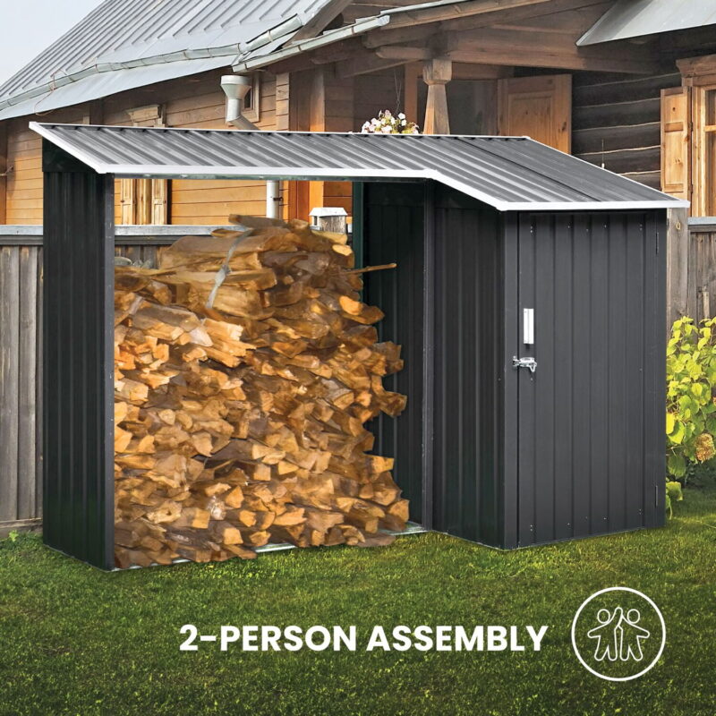 2-in-1 Galvanized Steel Multipurpose Shed, 9-Sq.Ft. Lockable Tool Storage, 42-Cu.Ft. Firewood Rack, Dark Gray - Image 4