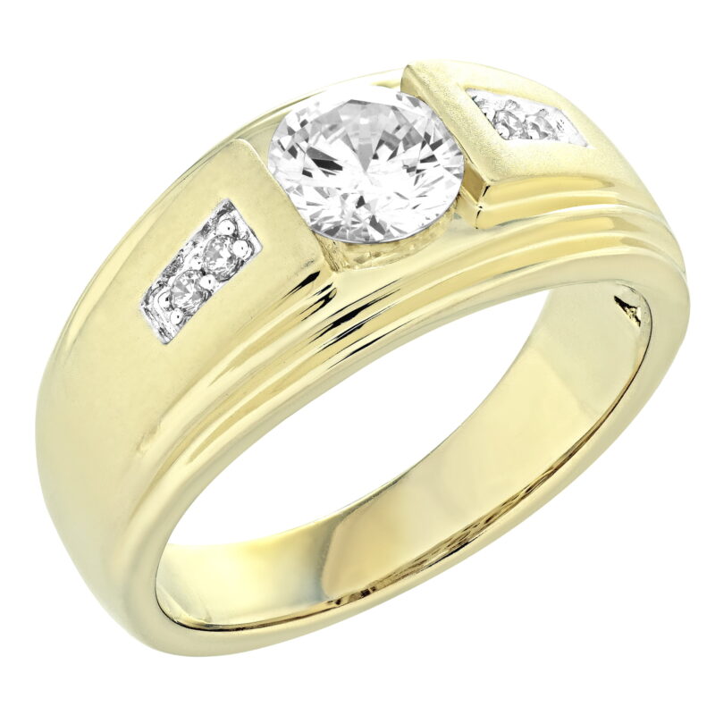 Jay Heart Designs 925 Sterling Silver with 14K Yellow Gold Plating Simulated White Diamond Round Center Men\'s Ring - Image 2