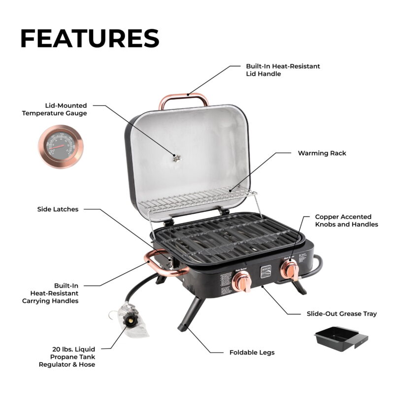 Kenmore 2-Burner Portable Tabletop Retro Gas Grill, Black and Copper - Image 3