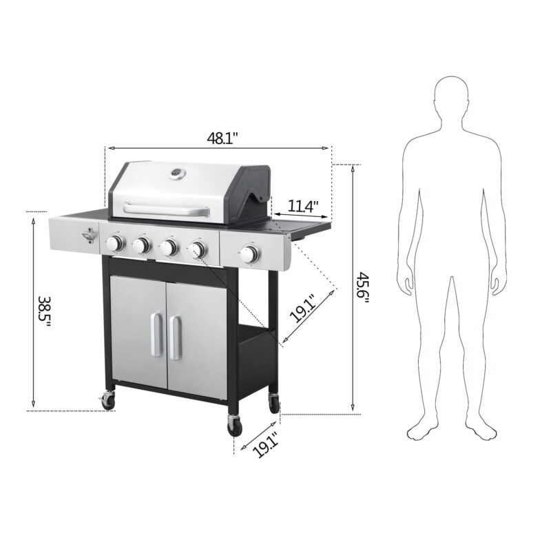 Ashwinter 4-burner 46790BTU Propane Gas BBQ Grill with Side Burner, Enamel Cooking Grids, Stainless Steel, Black + Grey - Image 2