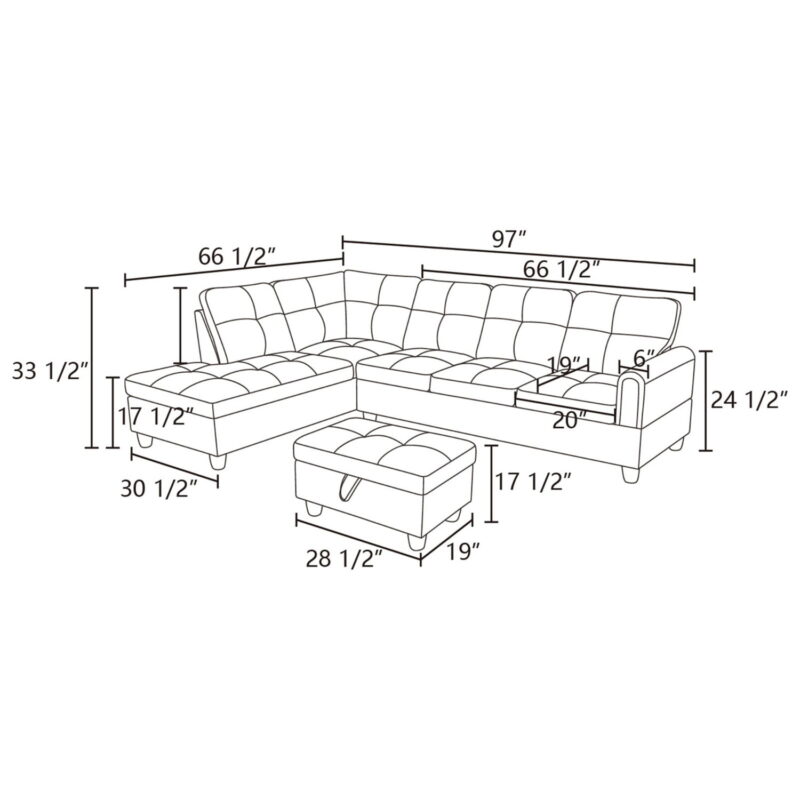 Hommoo Modern Flannel Living Room Furniture Sets Sectional Couches and Sofas, L-Shaped Sectional Couch Sofa, Grey(No Ottoman) - Image 3