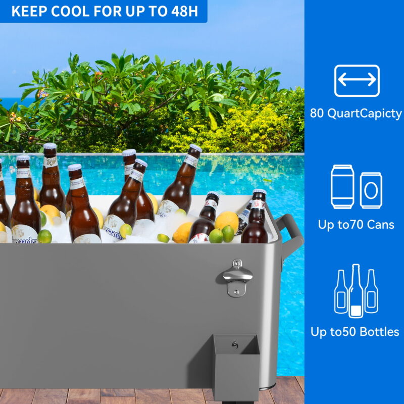 Dextrus 80 Quart Outdoor Rolling Cooler Cart with Bottle Opener Drainage, Portable Beverage Rolling Cart with Tray on Wheels, Silver - Image 5