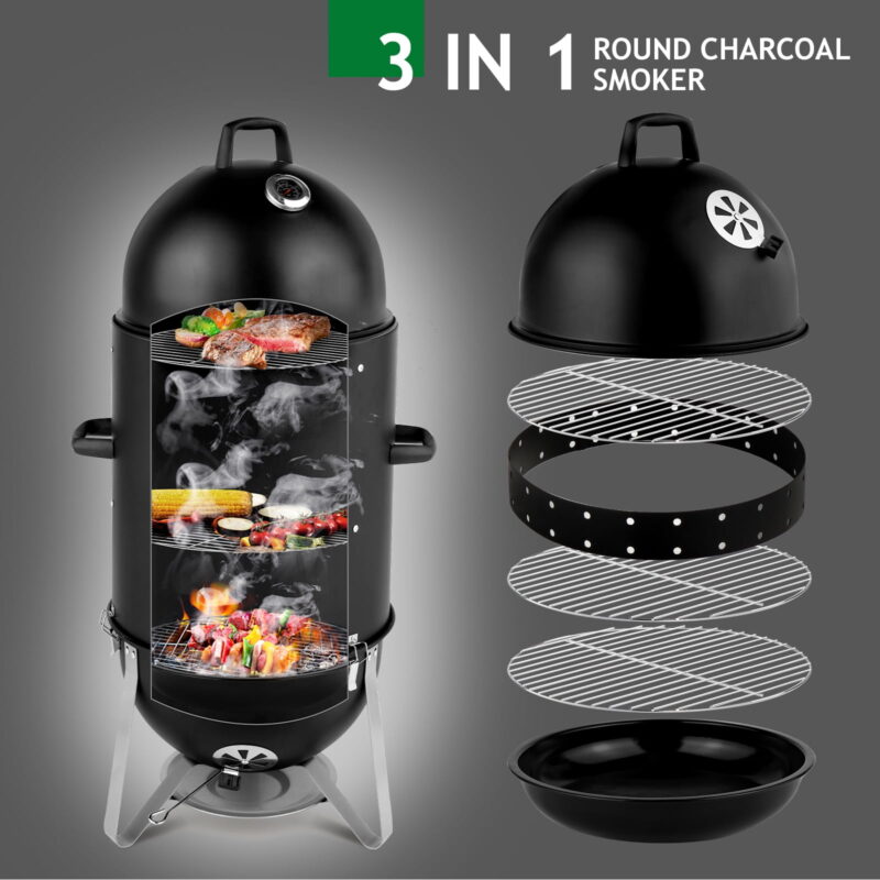 Vertical Steel Charcoal Smoker, Heavy Duty Three Layer Round BBQ Grill Smokey Mountain Cooker for Outdoor Cooking, Black - Image 6
