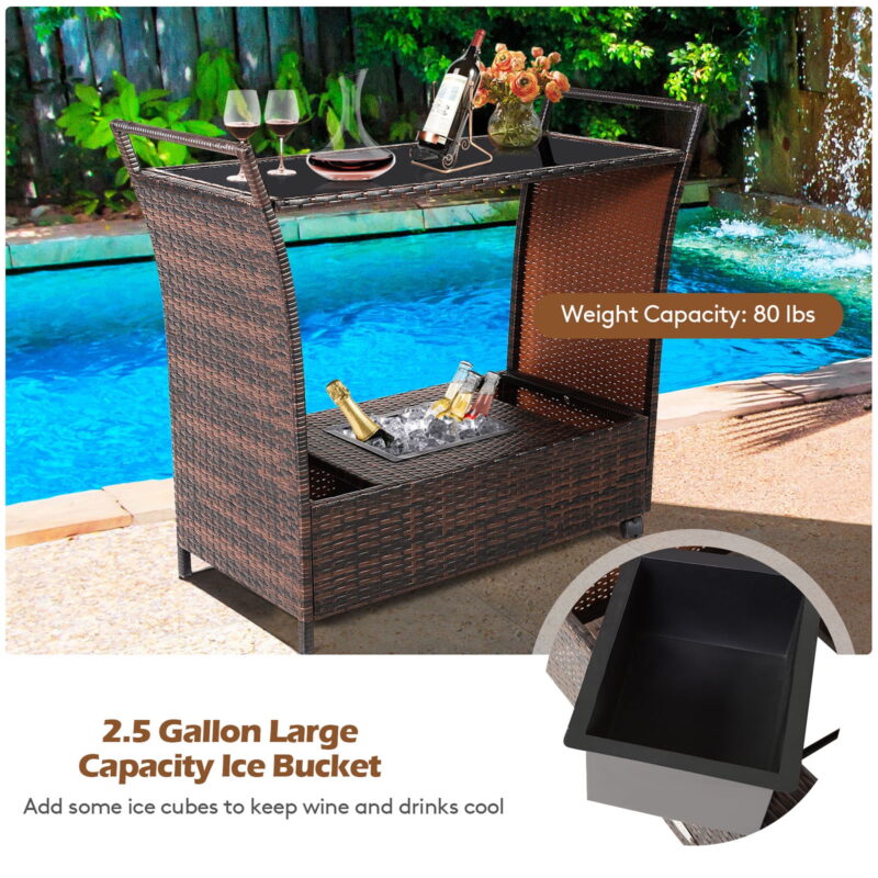 Gymax Rattan Patio Bar Cart Beverage Bar Counter Table w/ Wheels & Ice Bucket - Image 6