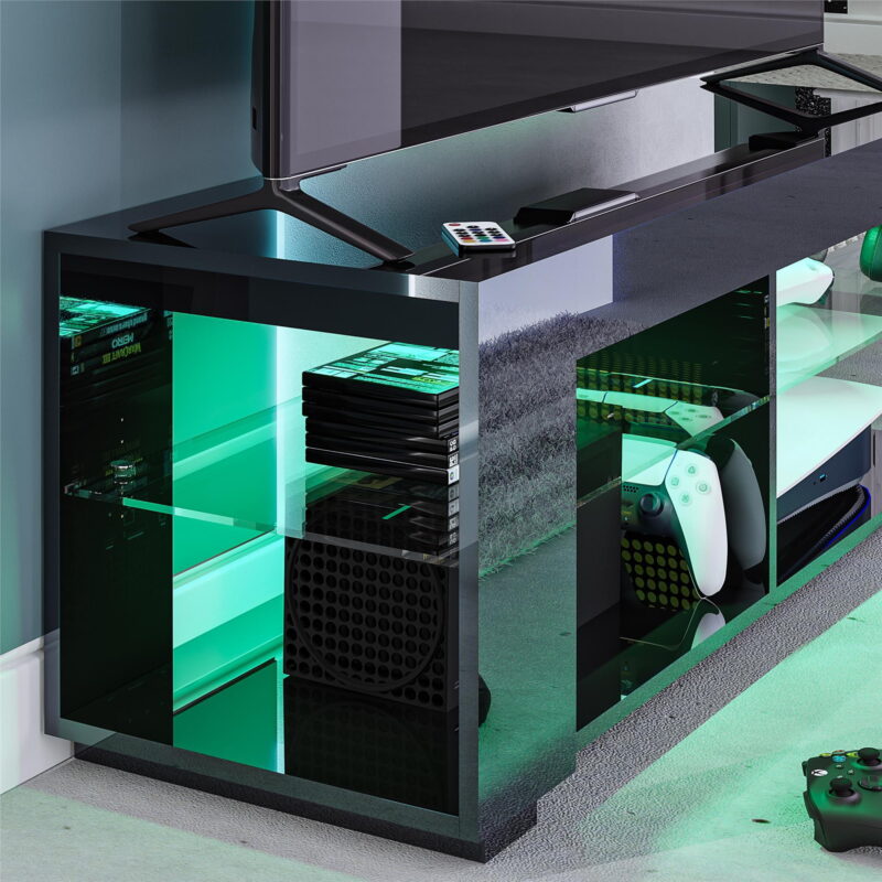 NTense LED TV Stand with Glass Shelves for TVs up to 55", Black Gloss - Image 3