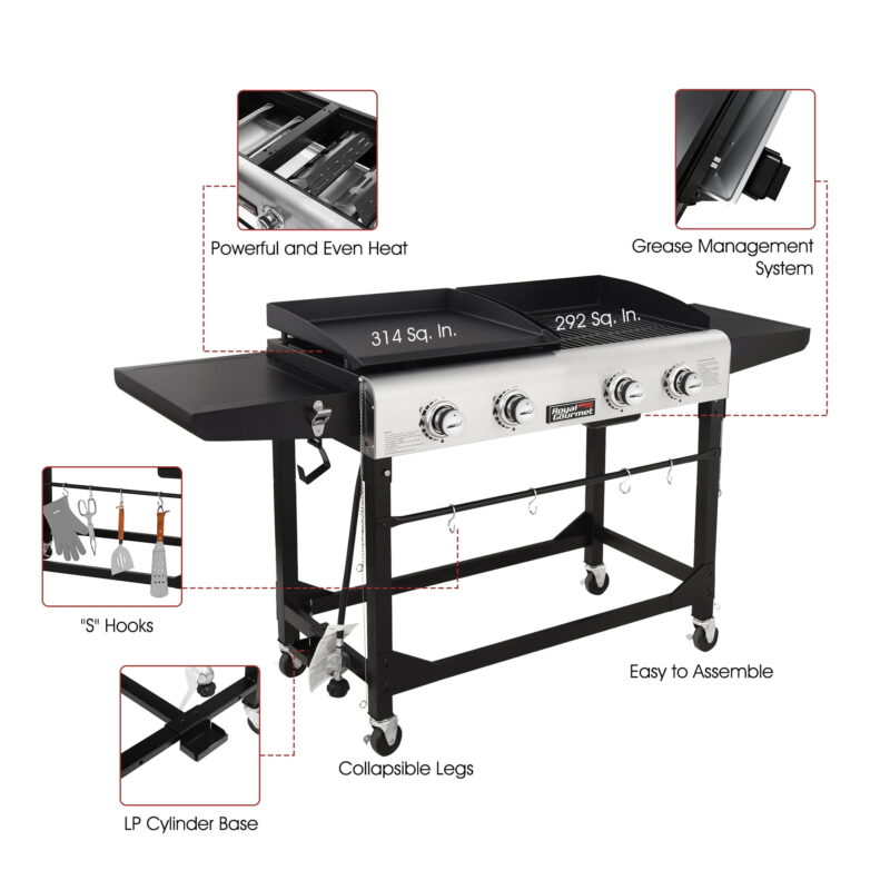 Royal Gourmet GD401C Premium 4-Burner 48000-BTU Folding Gas Grill and Griddle, With Cover - Image 4