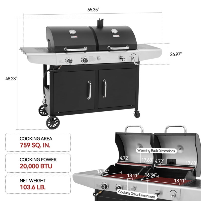 Royal Gourmet ZH3002C 3-Burner 25,500-BTU Dual Fuel Cabinet Gas and Charcoal Grill Combo with Cover - Image 5