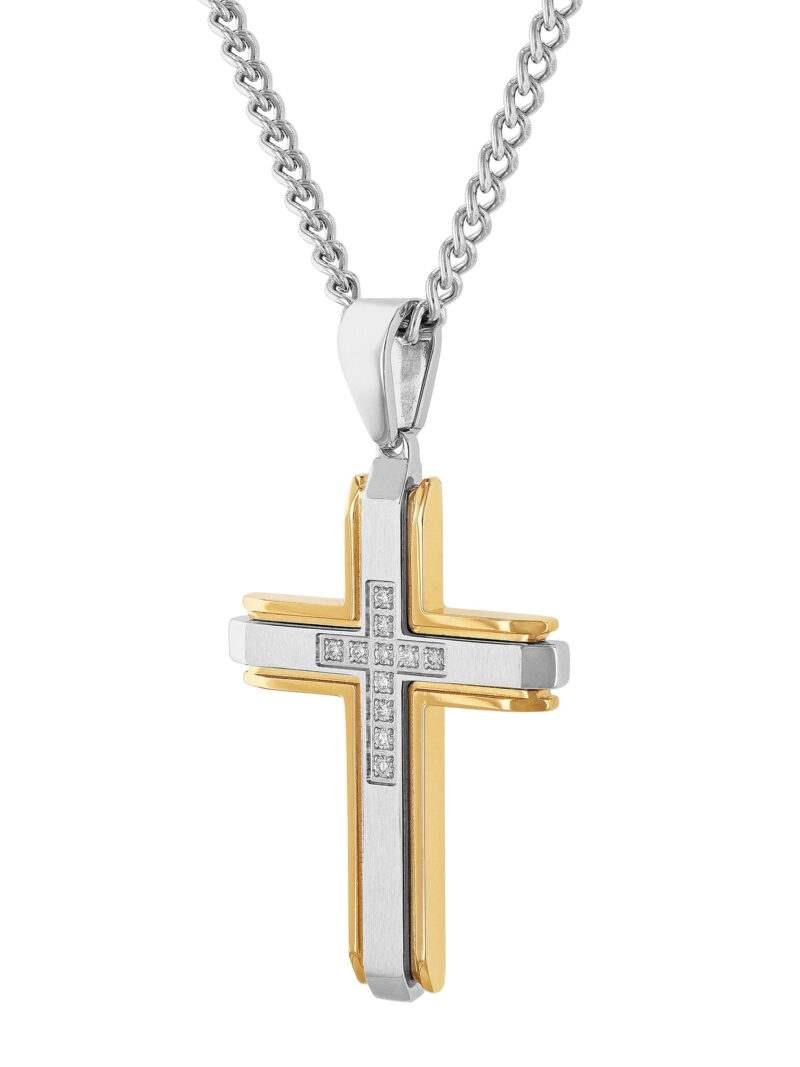 Brilliance Fine Jewelry Mens 1/4 ctw Lab-Grown Diamond Two-Tone Stainless Steel Cross Pendant Necklace - Image 5