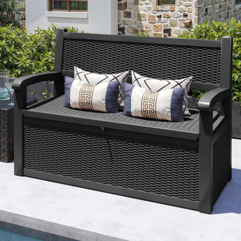 Uforic 70 Gallon Outdoor Resin Deck Bench, Waterproof & Lockable Storage Box  Bench with Armrests for Garden Patio, Black - Image 3