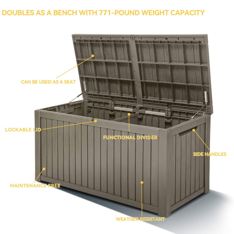 Uforic ﻿180 Gallon Resin Deck Box,Large Outdoor Storage box with Built-in Divide for Patio, Weatherproof and Lockable,Light Brown - Image 3