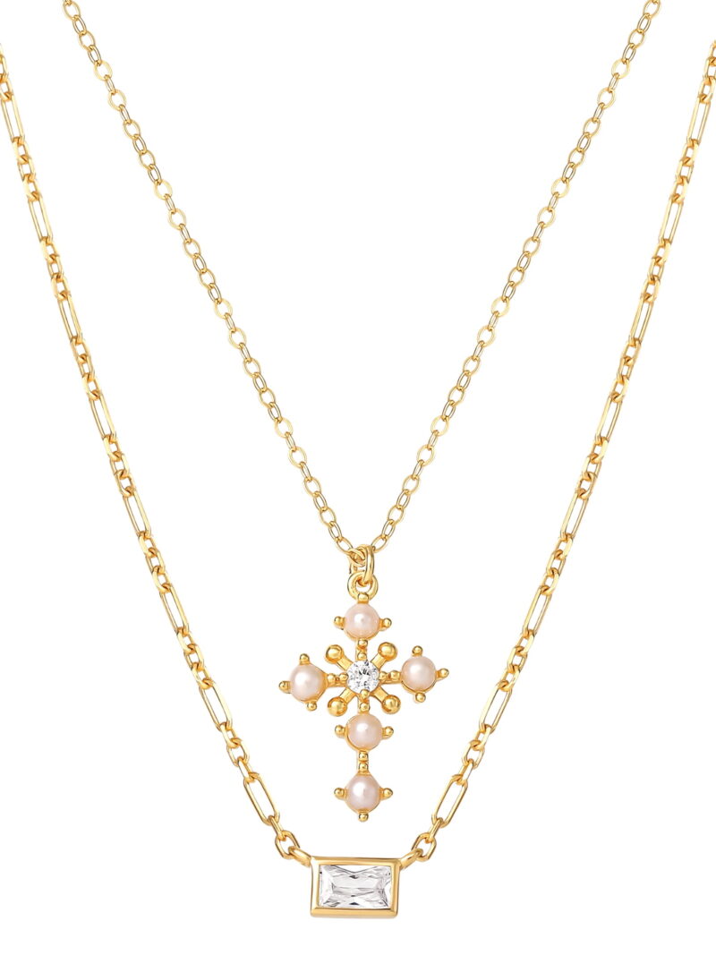 JS Jessica Simpson Gold Plated Sterling Silver CZ and Pearl Cross Layering Necklace Set - Image 2