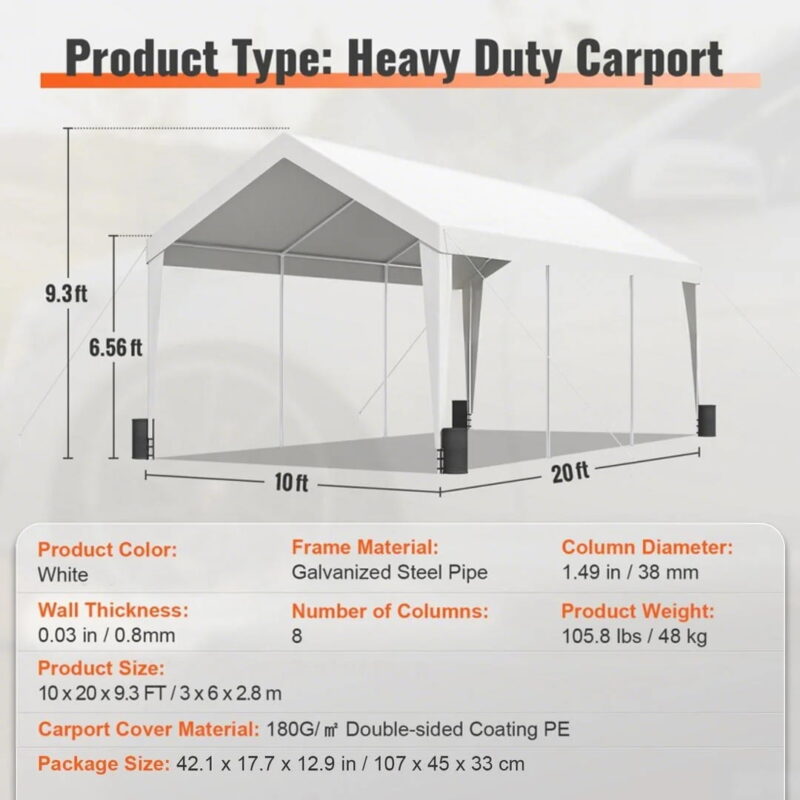 KFFKFF Carport Car Canopy Garage Shelter Tent 10x20ft with 8 poles for car boat - Image 7