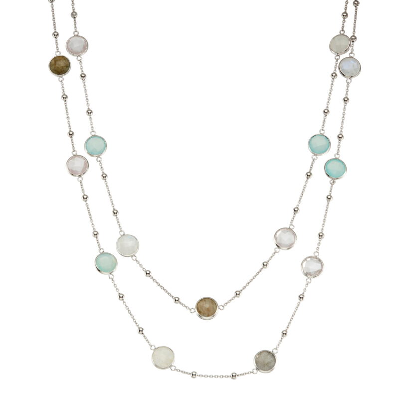 5th & Main Sterling Silver Bezel Necklace with Small Silver Stations with Labadorite, Rose Quartz, Aqua Chalcedony and Rainbow Moonstone Round Gemstones