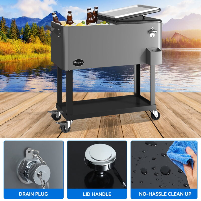 Dextrus 80 Quart Outdoor Rolling Cooler Cart with Bottle Opener Drainage, Portable Beverage Rolling Cart with Tray on Wheels, Silver - Image 4