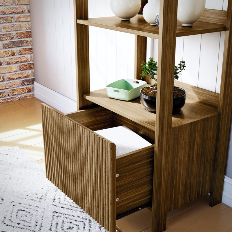 Mainstays 4-Shelf Reeded Bookcase with Drawer, Natural Teak - Image 4