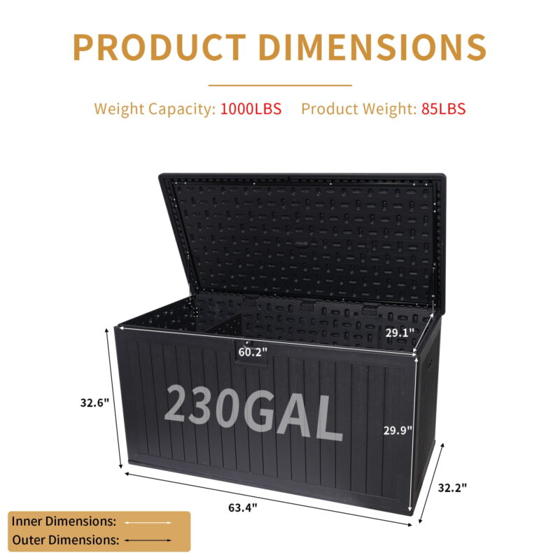 230 Gallon Extra Deck Box Lockable Resin Outdoor Storage Box Waterproof Outdoor Container for Patio Furniture Cushions, Pool,Black - Image 4