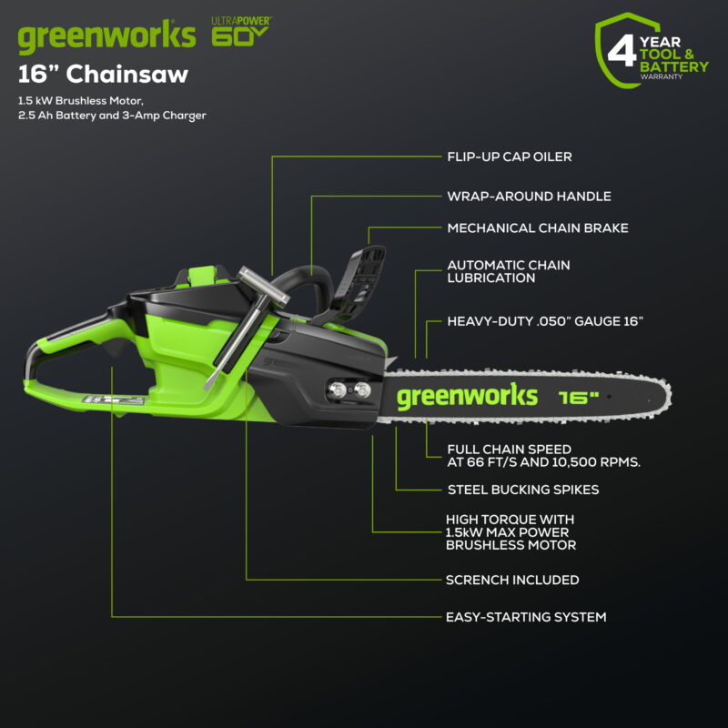 Greenworks 60V 16" 1.5kW Brushless Chainsaw with 2.5 Ah Battery & 3 Amp Charger 2028602 - Image 2