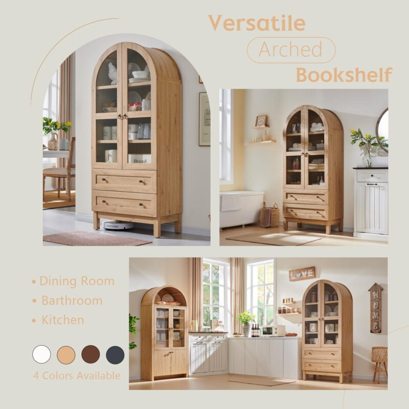71" Tall Arched Bookshelf, 4-Tier Bookcase with Glass Doors and Shelves, Wooden Display Cabinet w/2 Large Storage Drawers - Image 6