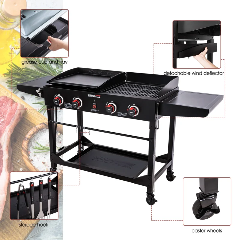 Royal Gourmet 4-Burner GD402 Portable Flat Top Gas Grill and Griddle Combo with Folding Legs, 48,000 BTU, Black - Image 5