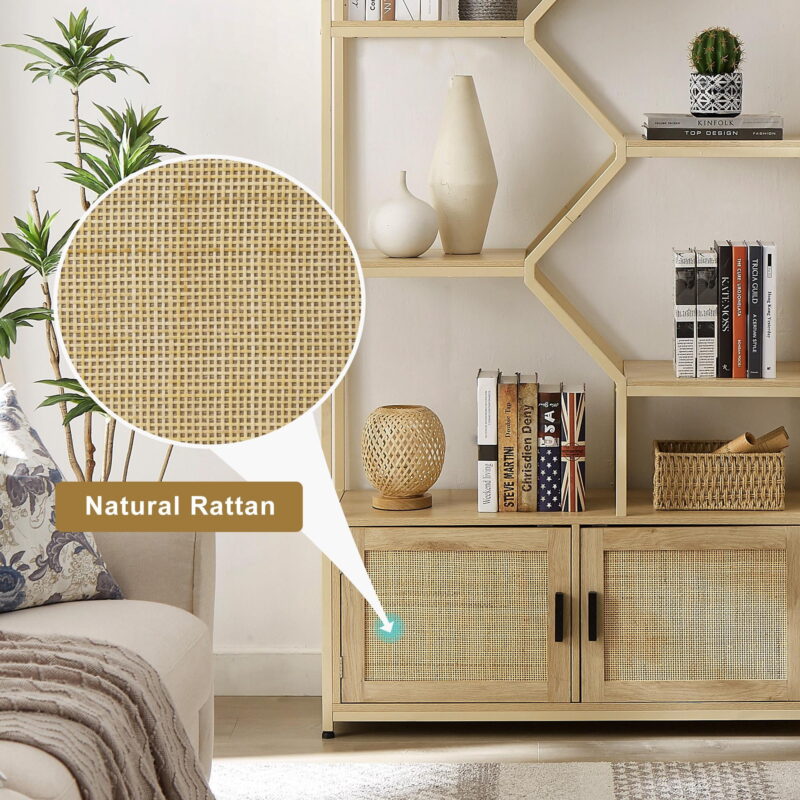 PORKISS 7-Tier Rattan Bookshelf, Wood Tall Bookshelf with Doors and Shelves, Freestanding Bookcase with Storage for Living Room, Home Office, Natural - Image 6
