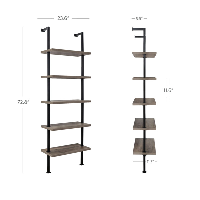 Nathan James Theo 5-Shelf Ladder Bookcase Rustic Gray Oak Wood Black Metal Frame - Image 4