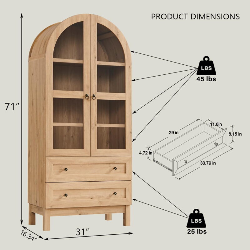 71" Tall Arched Bookshelf, 4-Tier Bookcase with Glass Doors and Shelves, Wooden Display Cabinet w/2 Large Storage Drawers - Image 2