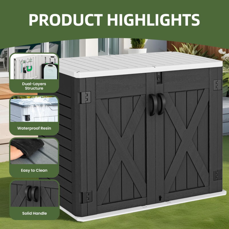 Uforic Outdoor Horizontal Storage Shed with X-Shaped Lockable Door, 35 Cu Ft Weather Resistant Resin Tool Shed, Dark Gray - Image 6