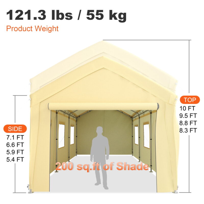 BENTISM Carport Canopy Car Canopy 10 x 20ft w/ 8 Legs Sidewalls Windows Yellow - Image 7