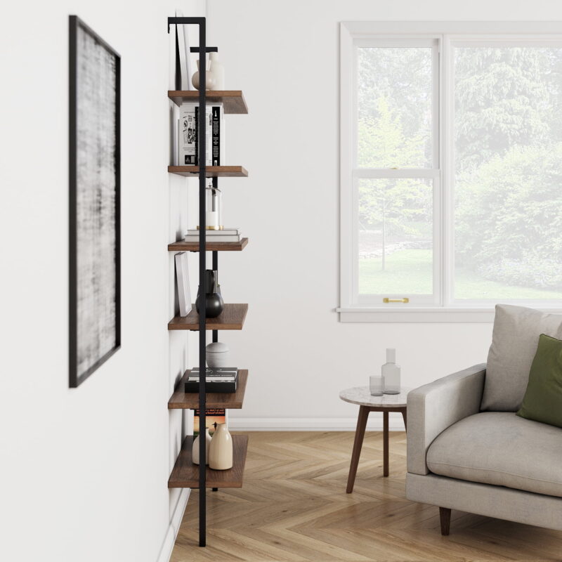 Nathan James Theo 6-Shelf Tall Bookcase Wall Mount Bookshelf Natural Wood Industrial Metal Frame Reclaimed Oak/Black - Image 6