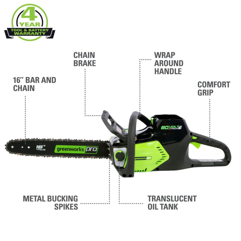 Greenworks 80V 16" Brushless Chainsaw with 2.0 Ah Battery & Charger 2004502 - Image 3