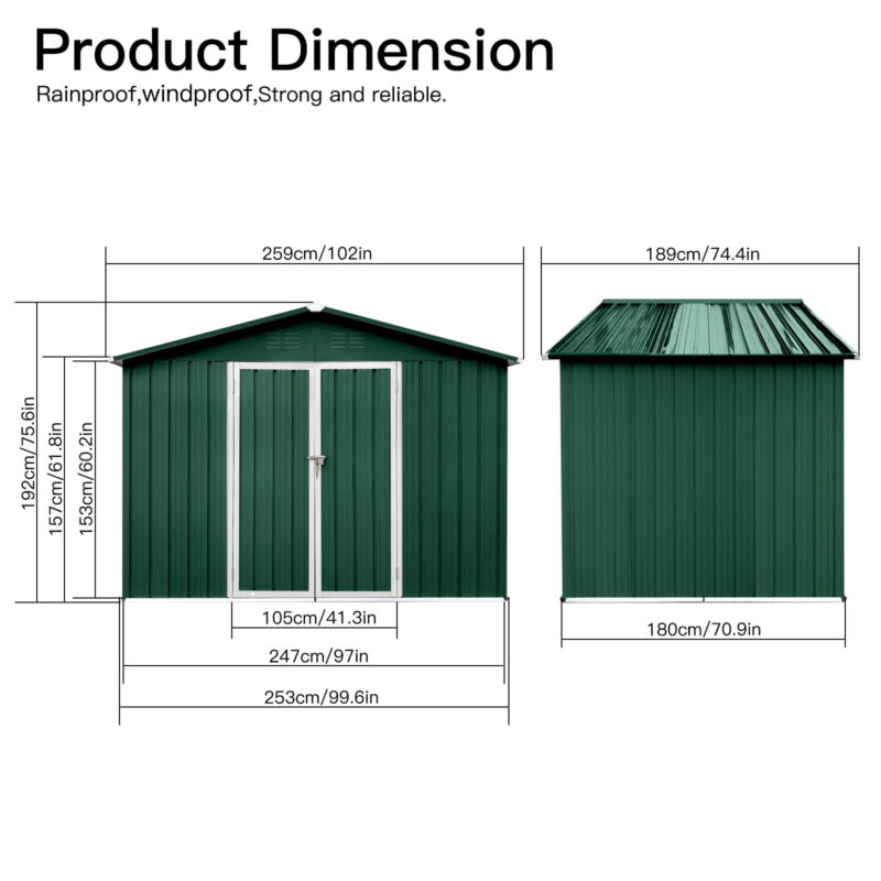 Aukfa 8FT x 6FT Outdoor Storage Shed, Metal Garden Shed with Vents, Tool Shed with Door and Padlock for Backyards, Patio Lawns, Green - Image 4