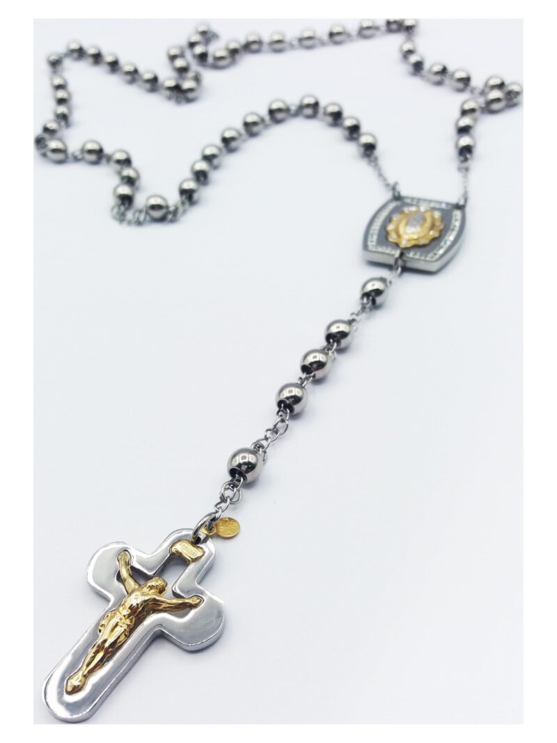 Brilliance Fine Jewelry Stainless-Steel And 14K Gold Plated Sterling Silver Crystal Medallion 6mm Beads Men's Rosary Necklace, 26" - Image 2