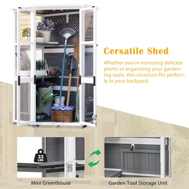 Euroco 63" Height Garden Wood Storage Cabinet & Mini Greenhouse, Outdoor Tool Storage Shed with Waterproof Roof and Lockable Door - Image 7