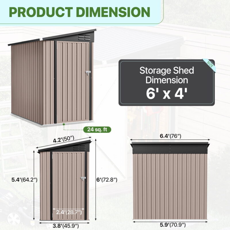 BaPiPro 6 x 4 ft Lean to Storage Shed, Outdoor Metal Storage Cabinet with Vent for Patio, Brown - Image 4
