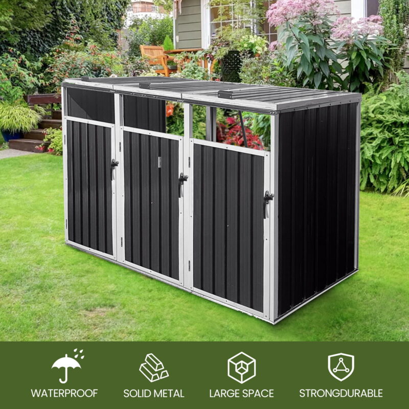 Aukfa 7.3' W Outdoor Garbage Bin Storage, Metal Storage Shed for 3 Trash Cans Tools, Waterproof Trash Can Storage - Image 3