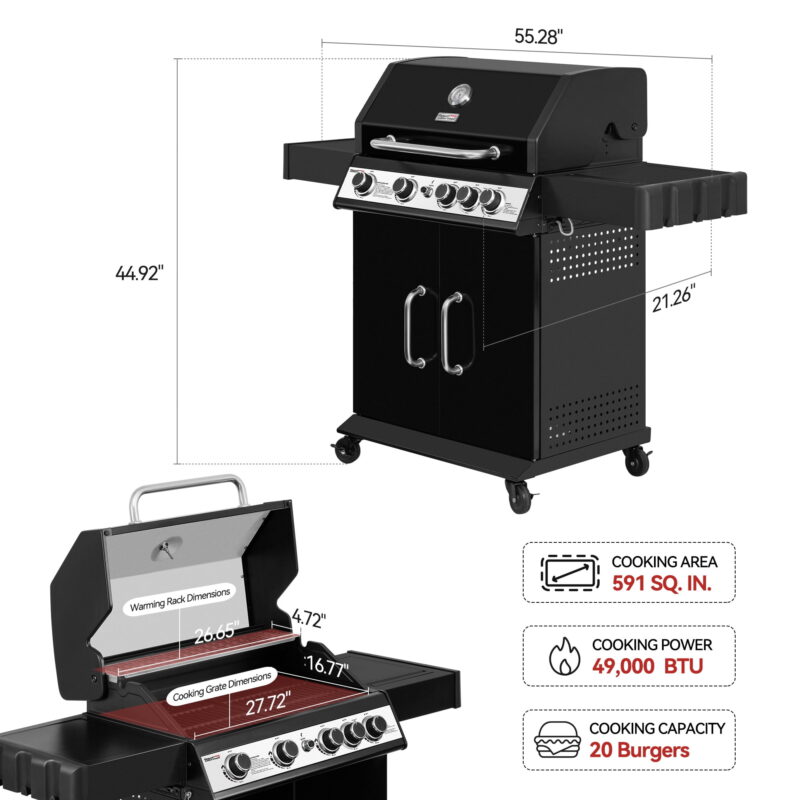 Royal Gourmet SG5003H 4-Burner Gas Grill with Lidded Side Burner, Cabinet Style Propane Gas Grill - Image 4